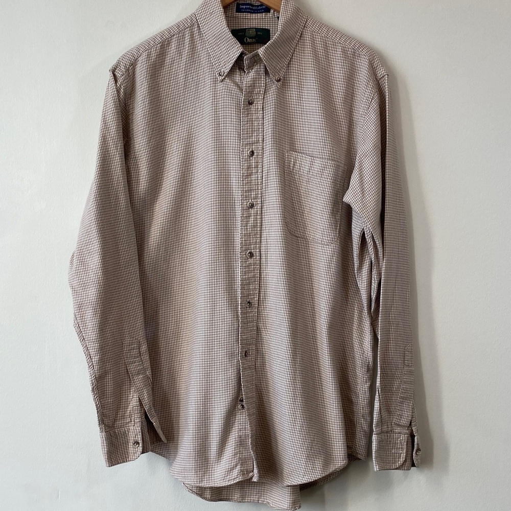 Orvis Men's Cotton Wool Blend Tan and White Checkered Button Down Shirt